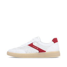 Load image into Gallery viewer, White sneaker with red accents on a white background
