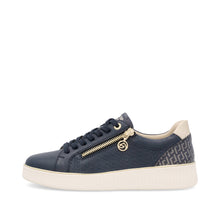 Load image into Gallery viewer, Navy blue sneaker with gold zipper on a white background
