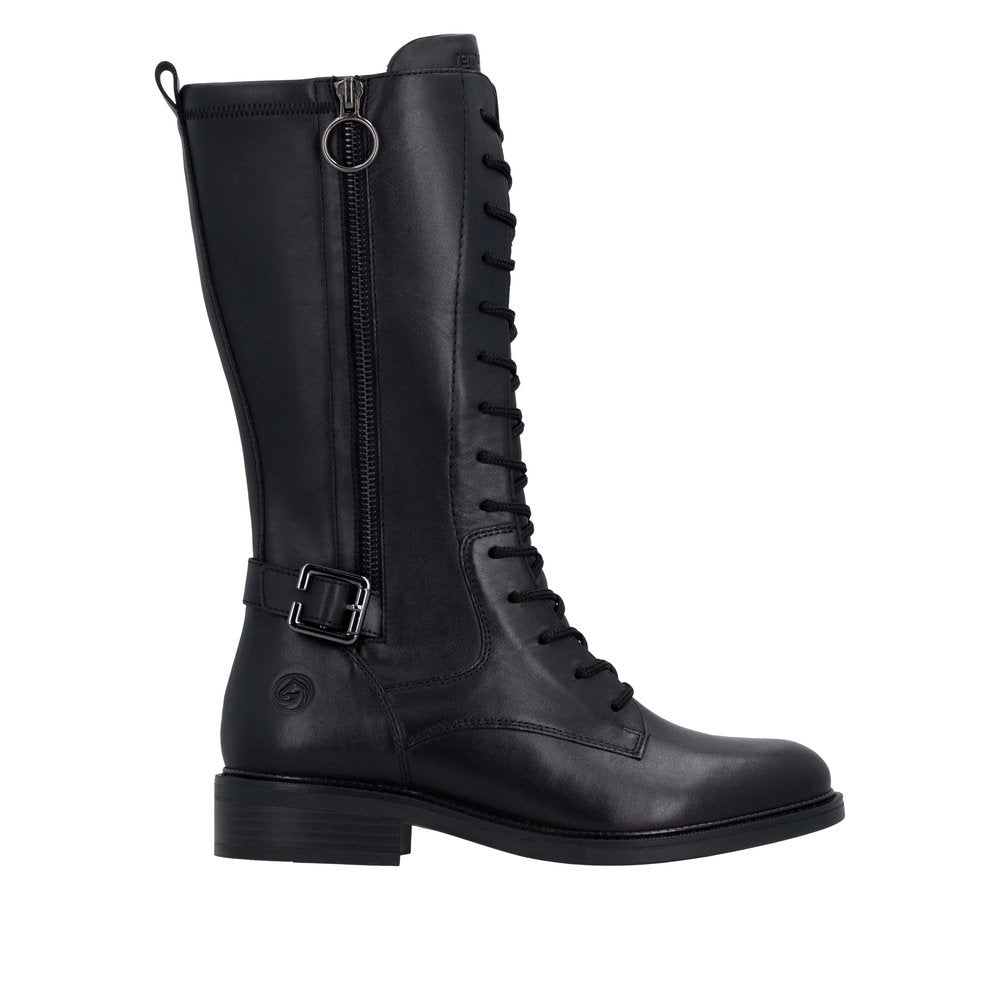 Black leather boot with a wooden sole on a white background