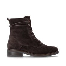 Load image into Gallery viewer, A dark brown suede lace-up ankle boot with a low stacked heel, shown from a side profile on a white background.
