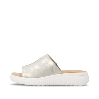 Silver sandal with a white sole on a white background