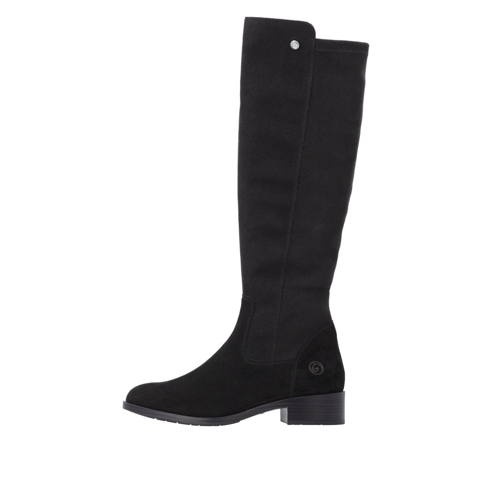 A single black suede knee-high boot with a low block heel and a small silver rivet near the top, shown in profile against a plain white background.