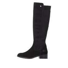 Load image into Gallery viewer, A single black suede knee-high boot with a low block heel and a small silver rivet near the top, shown in profile against a plain white background.
