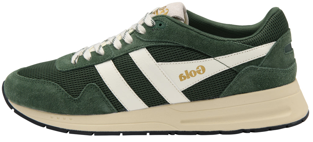 A green and white Gola sneaker with gold branding, featuring a suede and mesh upper, white side stripes, and a cream-colored midsole.
