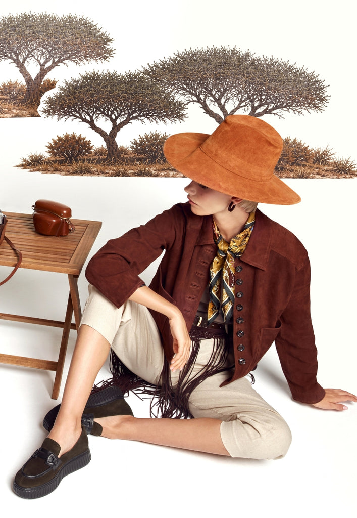 Wonders A5203 dark brown suede platform loafers with black straps, worn with a casual outfit.