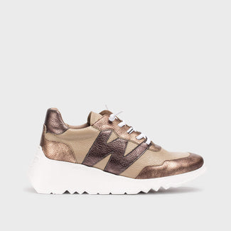 Wonders Gold & Taupe Mini Wedge Trainer|E6760TA