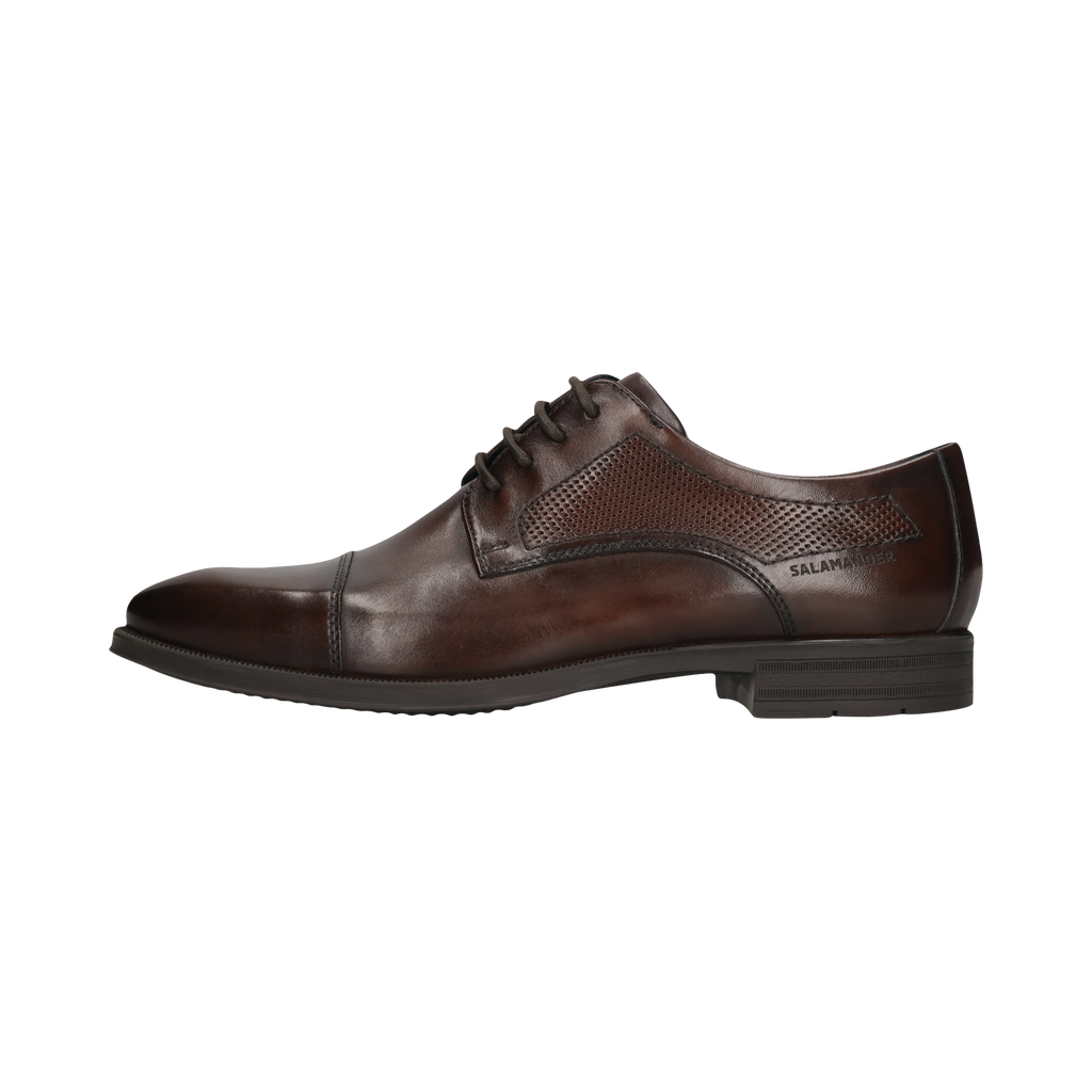 Brown leather dress shoe on a white background