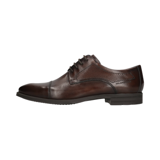 Brown leather dress shoe on a white background