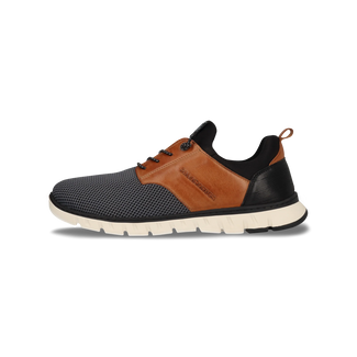 Black and brown sneaker with a white sole on a white background