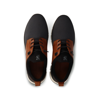 Black and brown sneaker with a white sole on a white background