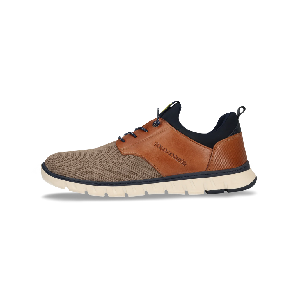 Brown and beige sneaker with black accents on a white background