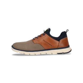 Brown and beige sneaker with black accents on a white background