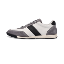 Load image into Gallery viewer, Gray and white sneaker with a black stripe on a white background
