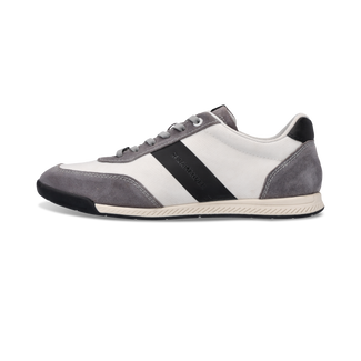 Gray and white sneaker with a black stripe on a white background
