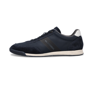 Navy blue sneaker with white sole on a white background