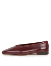 Load image into Gallery viewer, A single burgundy leather ballet flat shoe with a pointed toe and low heel, shown in profile against a plain white background.
