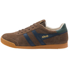 Load image into Gallery viewer, A brown suede sneaker with navy blue side stripes, a green heel tab, and a gum sole. The brand name 'Gola' is printed in gold on the side stripe.
