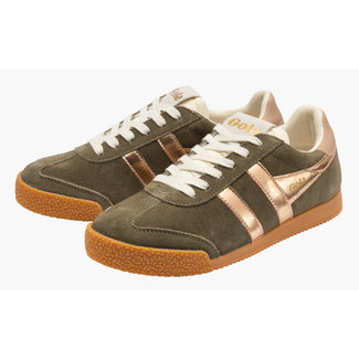 A low-top sneaker in olive green suede with metallic rose gold stripes, white laces, and a brown gum sole, shown from a side profile view on a white background.