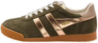 A low-top sneaker in olive green suede with metallic rose gold stripes, white laces, and a brown gum sole, shown from a side profile view on a white background.