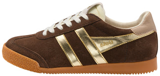 A brown suede sneaker with metallic gold stripes, white laces, and a brown gum sole, shown from a side profile on a white background.