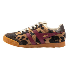 Load image into Gallery viewer, A Gola brand low-top sneaker featuring a leopard print pattern in beige, brown, and black, accented by a burgundy side stripe with gold 'Gola' lettering, white laces, and a brown gum sole.
