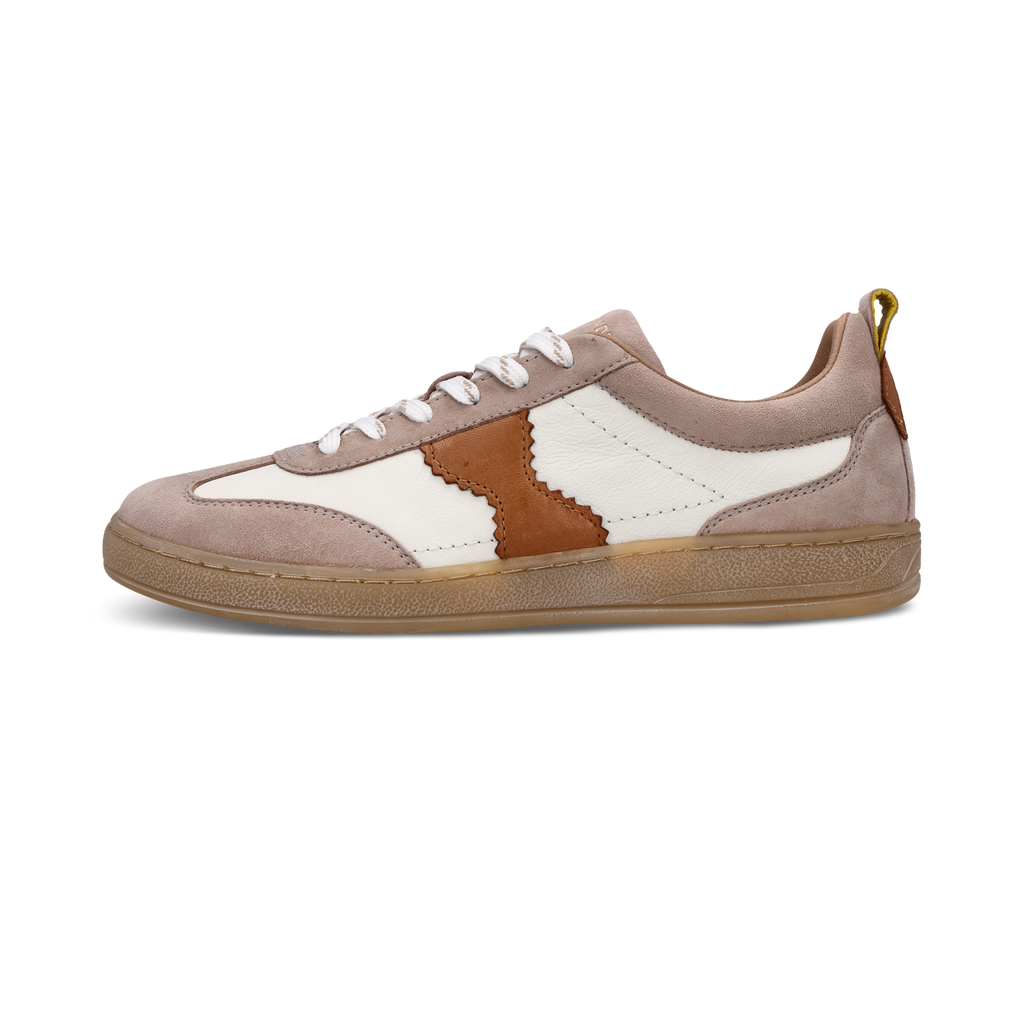 Sneaker with brown and white design on a white background