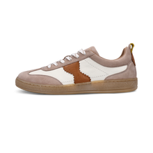Load image into Gallery viewer, Sneaker with brown and white design on a white background
