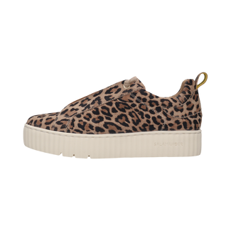 Leopard print slip-on sneaker with a thick white sole on a white background