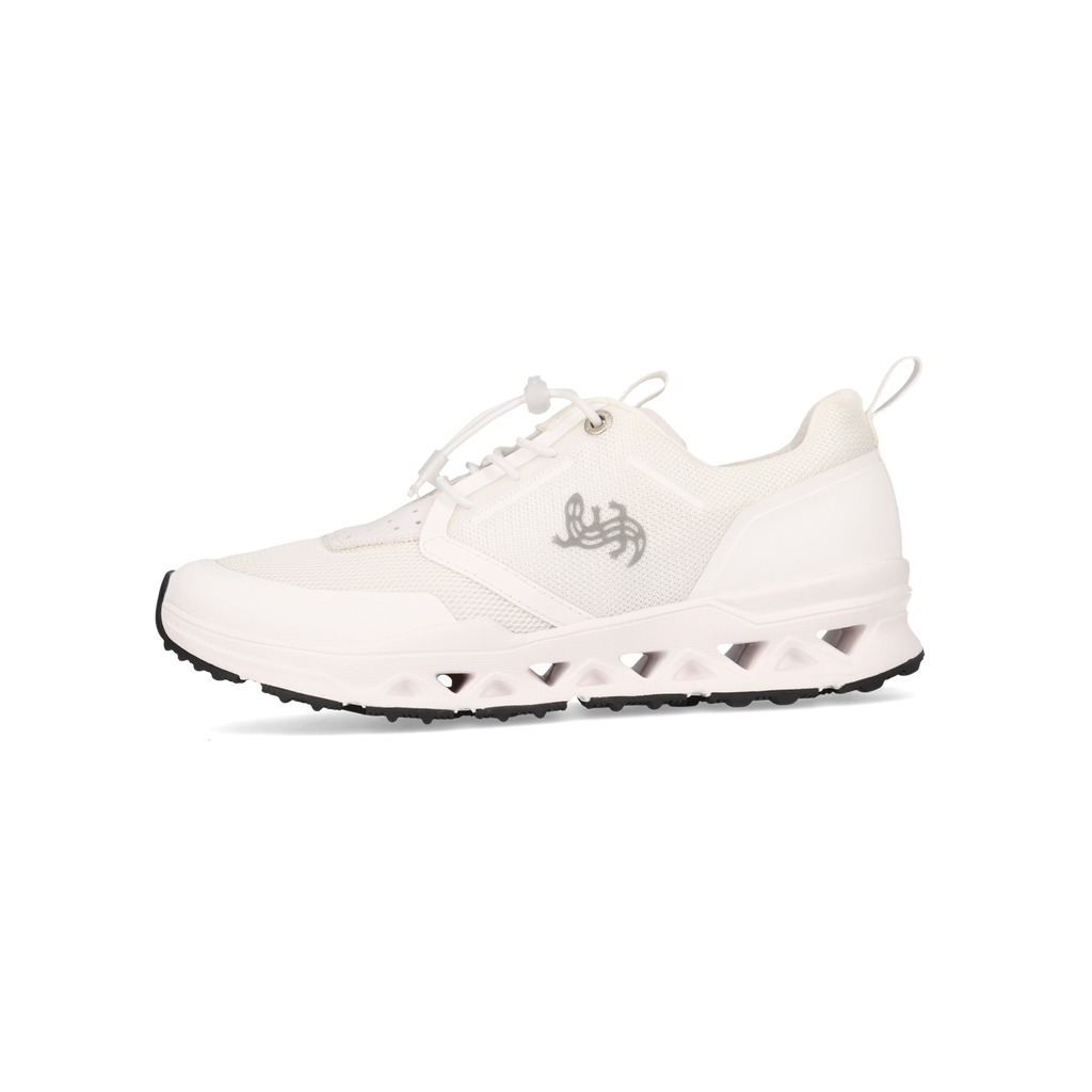 White sneaker with a brand logo on a white background