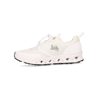 White sneaker with a brand logo on a white background