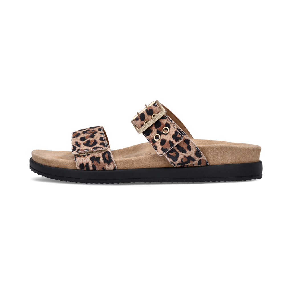 Leopard print sandal with cork sole on a white background