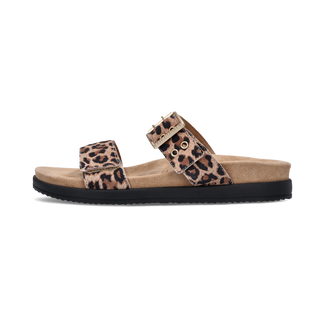 Leopard print sandal with cork sole on a white background