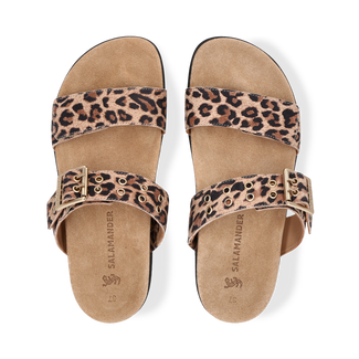 Leopard print sandal with cork sole on a white background