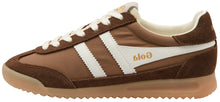 Load image into Gallery viewer, A brown suede and canvas sneaker with white side stripes, white laces, and a gum sole. The brand name 'Gola' is printed in gold on the side.
