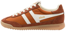 Load image into Gallery viewer, A classic low-top sneaker in brown suede and fabric with white side stripes, white laces, and a beige gum sole. The brand name 'Gola' is printed in gold on the side stripe.
