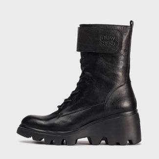 Wonders Black Leather Laced Wedge Ankle Boot|G7021NE