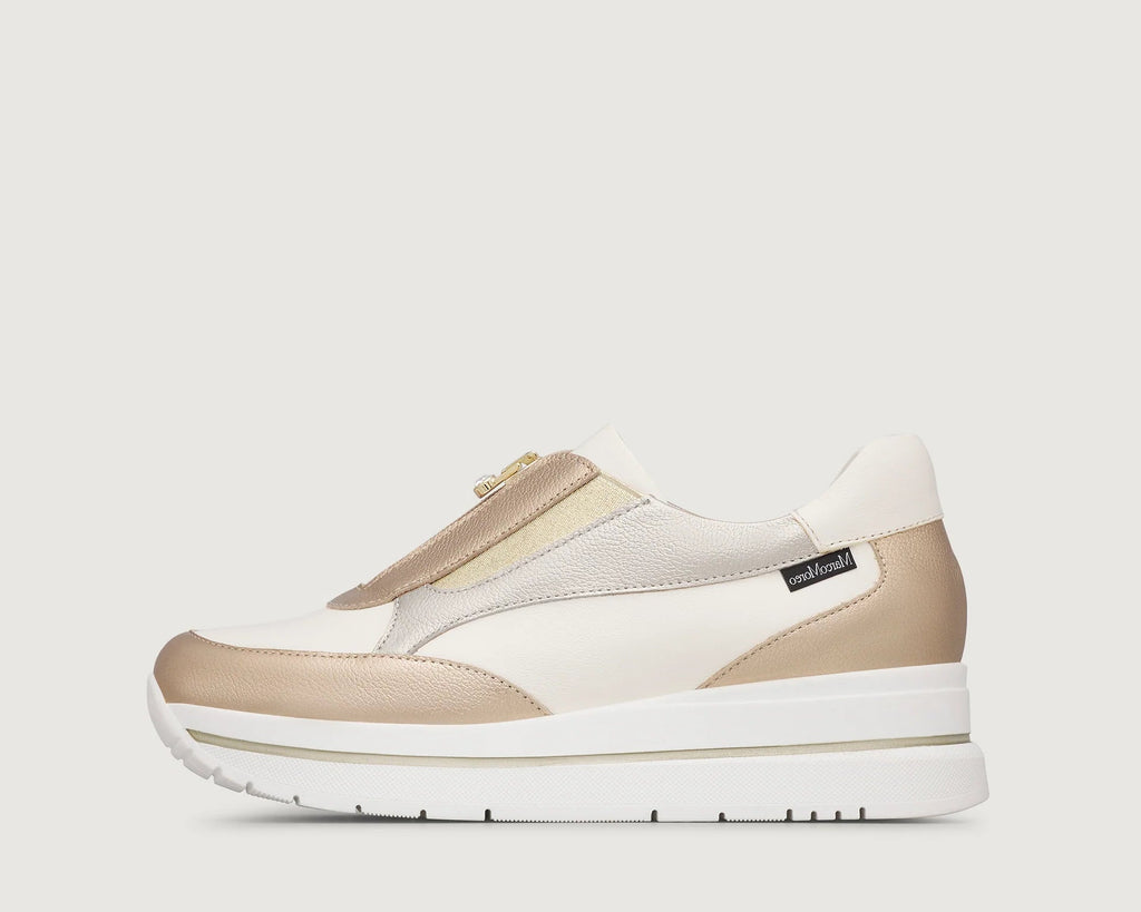 White and beige sneaker with a brand logo on a white background