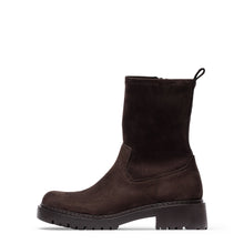 Load image into Gallery viewer, A dark brown suede Chelsea-style ankle boot with a chunky lug sole and elastic side gore, shown in profile against a plain white background.
