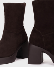 Load image into Gallery viewer, Dark brown suede ankle boots with chunky block heels, shown from the side and back angles against a light gray background.
