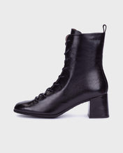 Load image into Gallery viewer, A black leather lace-up ankle boot with a chunky block heel, shown in profile against a light gray background.
