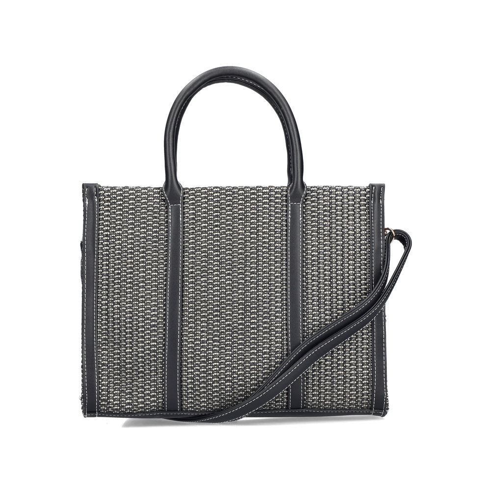 Black woven handbag with a strap on a white background