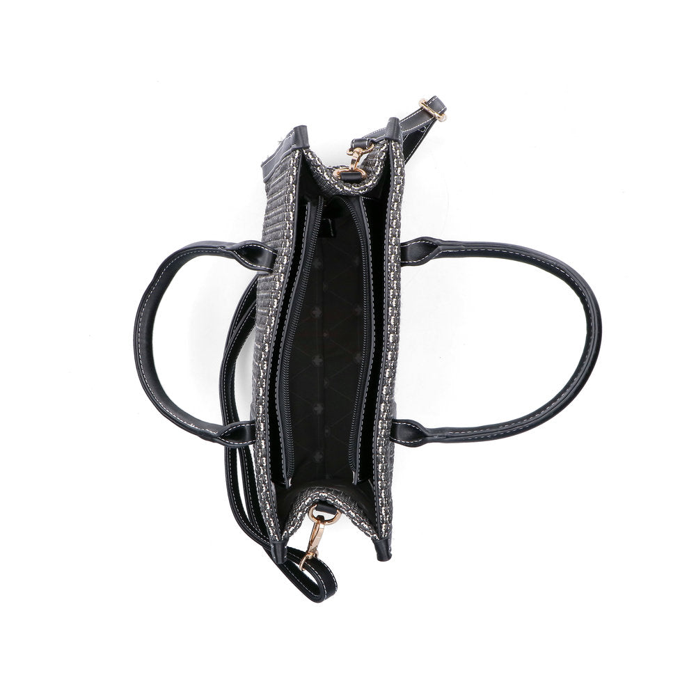 Black handbag with a strap on a white background