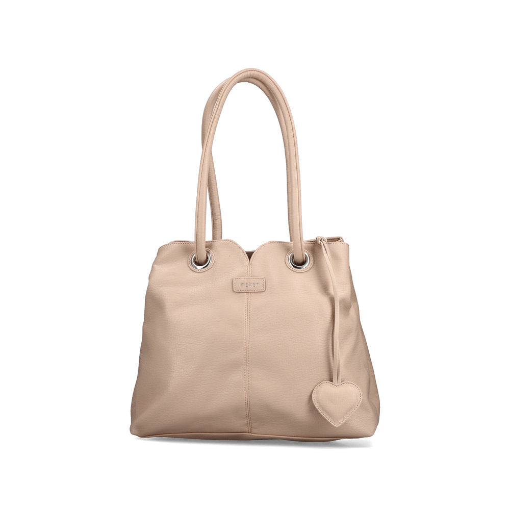 Beige handbag with a heart-shaped tag on a white background