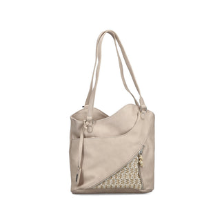 Beige handbag with a textured pattern on a white background