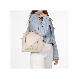 Beige handbag with a textured pattern on a white background