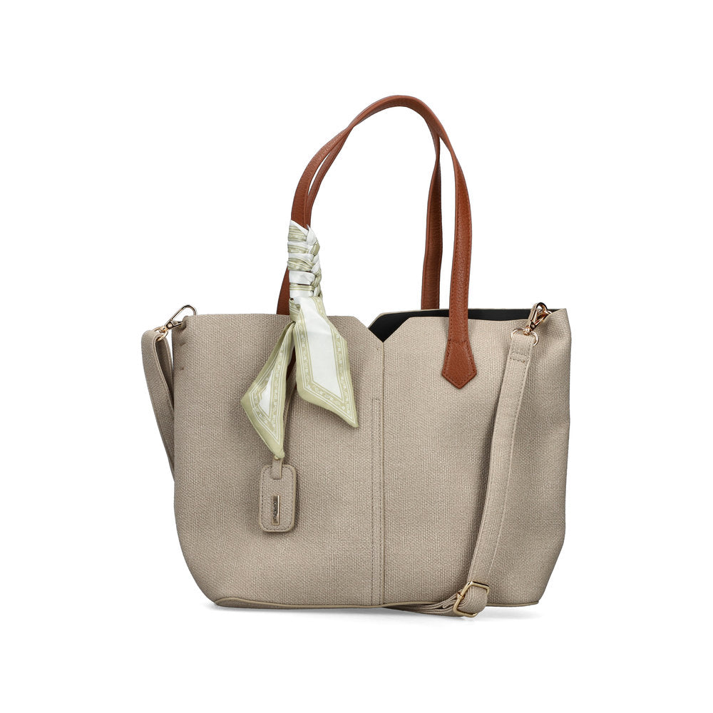 Beige handbag with brown handles and a green scarf on a white background