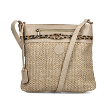 Load image into Gallery viewer, Beige handbag with a leopard print zipper on a white background
