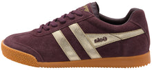 Load image into Gallery viewer, A low-top Gola sneaker in dark purple suede with metallic silver side stripes and a brown gum sole, shown from a side profile on a white background.
