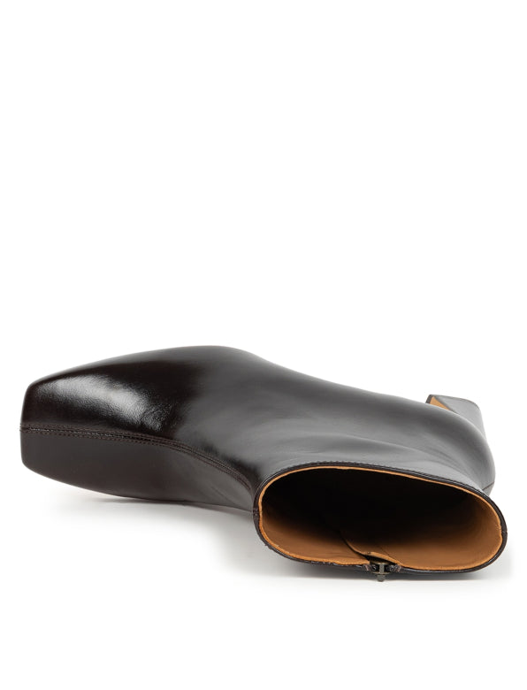 A dark brown leather ankle boot shown from a side profile view on a clean white background.