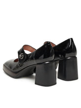 Load image into Gallery viewer, Black patent leather shoes with chunky heels on a white background
